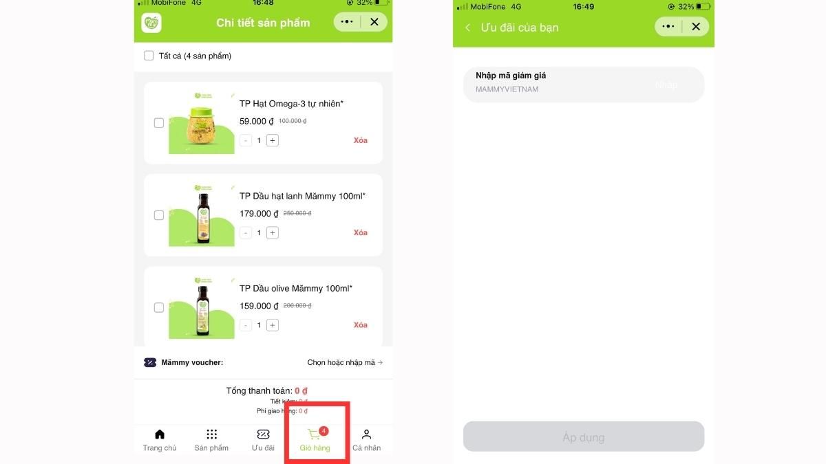 Giỏ hàng trong Mini App Ecommerce